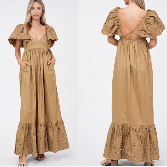 En Saison Anthropologie Dress Womens Medium Khaki Tan Eyelet Poplin Midi - Picture 11 of 11